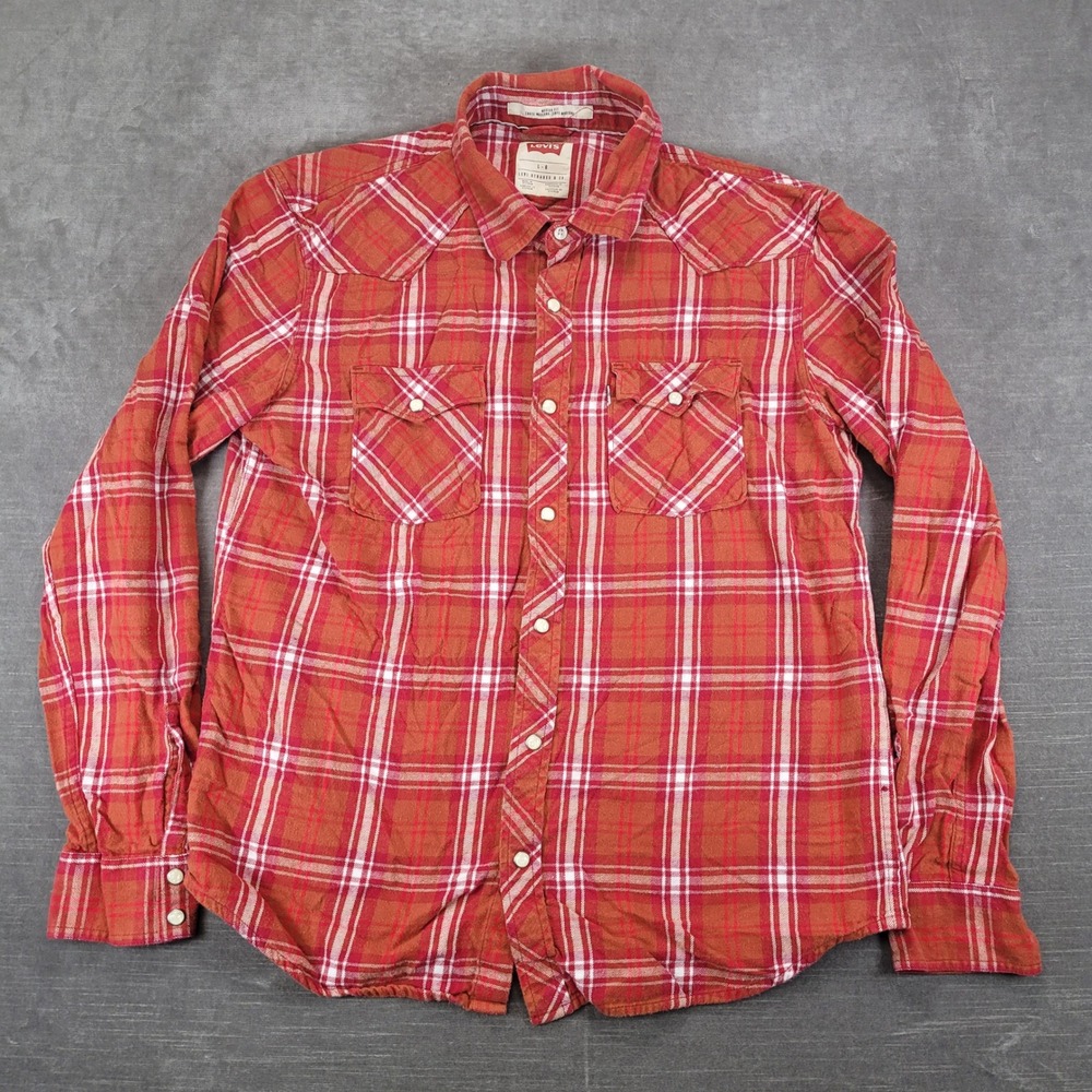 Levis Mens Large Modern Fit Red Plaid Western Pearl Snap Long Sleeve Shirt